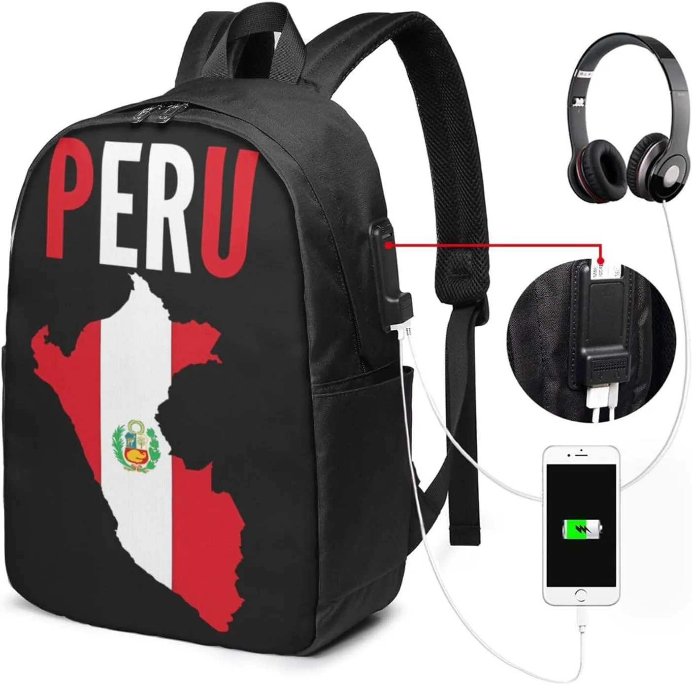 Peruvian Peru Flag Laptop Backpacks Travel Backpack Casual Business Daypack Sport Rucksack Computer Bag Fits up to 17 Inch Notebook with USB Port