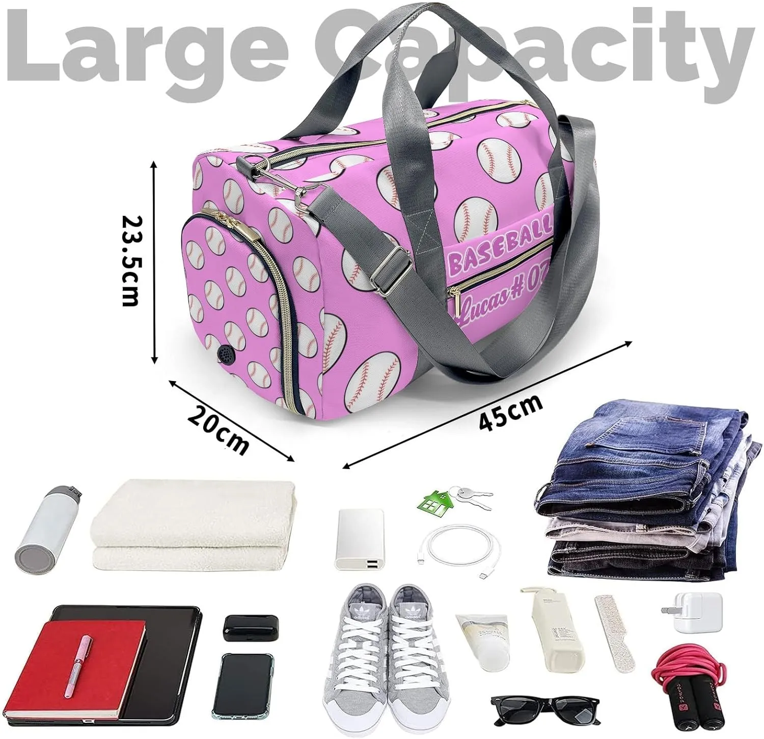 Pink Baseball Waterproof Duffel Bag Gym Dance Sport Perform Training Travel Bag for Teens Adults Women Men