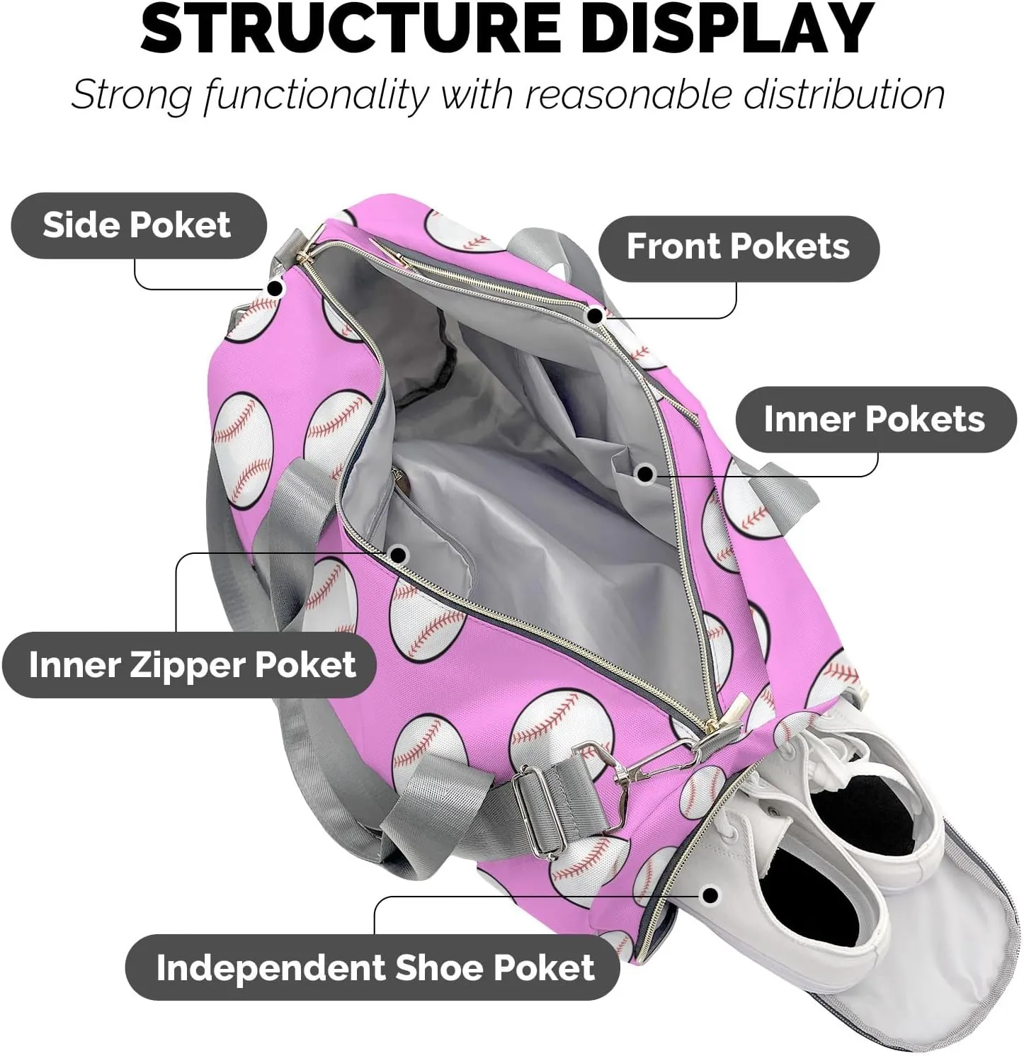 Pink Baseball Waterproof Duffel Bag Gym Dance Sport Perform Training Travel Bag for Teens Adults Women Men