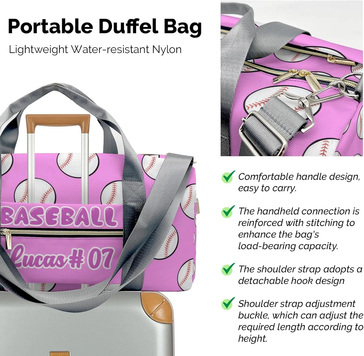 Pink Baseball Waterproof Duffel Bag Gym Dance Sport Perform Training Travel Bag for Teens Adults Women Men
