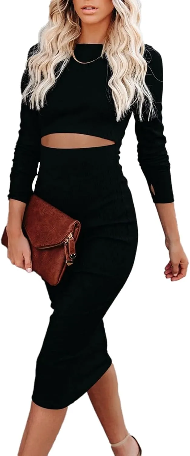 Pink Queen Womens Knit Dress Crew Neck Long Sleeve Sexy Bodycon Cutout Midi Dresses