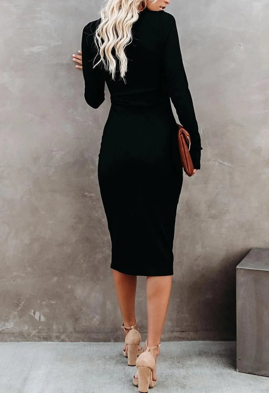 Pink Queen Womens Knit Dress Crew Neck Long Sleeve Sexy Bodycon Cutout Midi Dresses