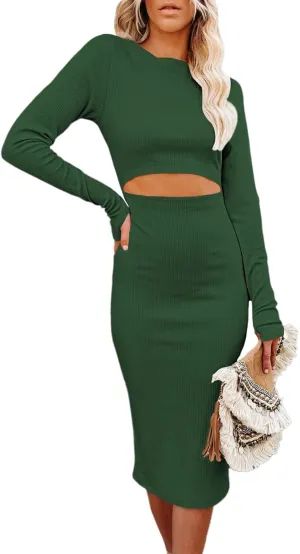 Pink Queen Womens Knit Dress Crew Neck Long Sleeve Sexy Bodycon Cutout Midi Dresses