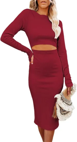 Pink Queen Womens Knit Dress Crew Neck Long Sleeve Sexy Bodycon Cutout Midi Dresses