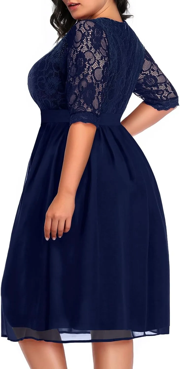 Pinup Fashion Plus Size Lace Chiffon Wedding Guest Dresses Women Cocktail Party Midi Dress