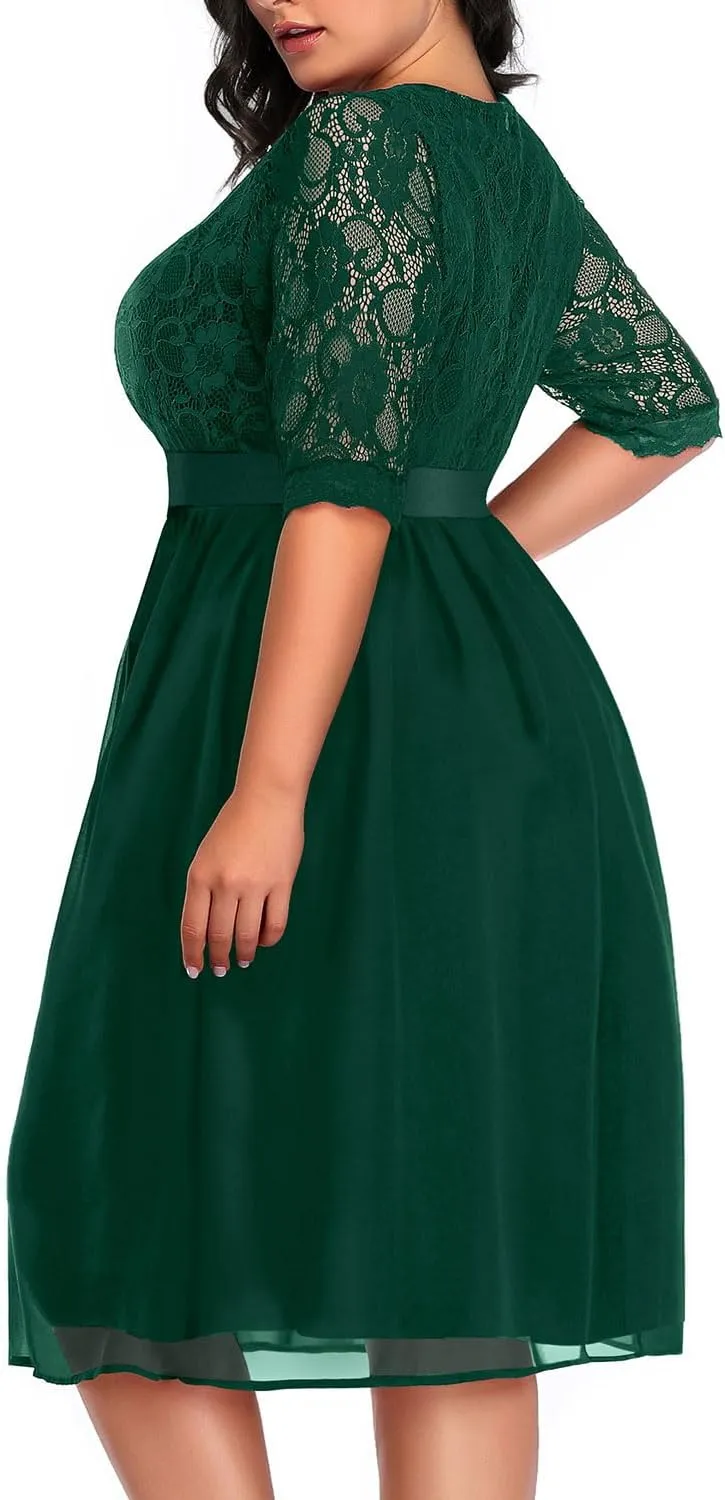 Pinup Fashion Plus Size Lace Chiffon Wedding Guest Dresses Women Cocktail Party Midi Dress
