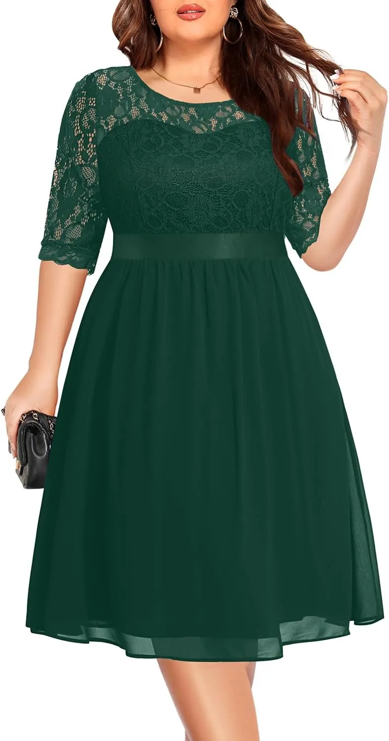 Pinup Fashion Plus Size Lace Chiffon Wedding Guest Dresses Women Cocktail Party Midi Dress