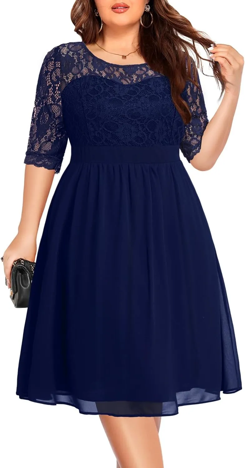 Pinup Fashion Plus Size Lace Chiffon Wedding Guest Dresses Women Cocktail Party Midi Dress