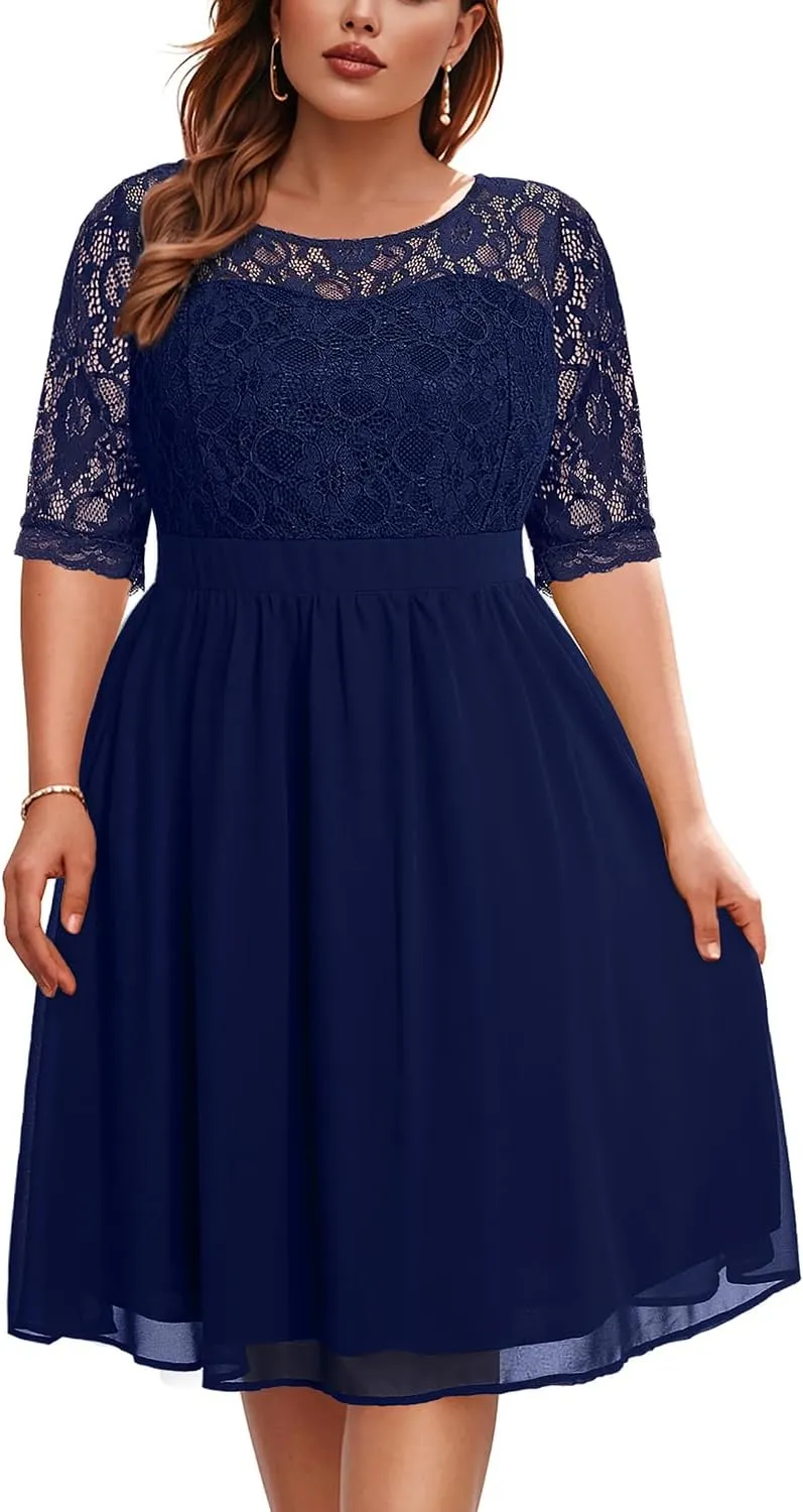 Pinup Fashion Plus Size Lace Chiffon Wedding Guest Dresses Women Cocktail Party Midi Dress