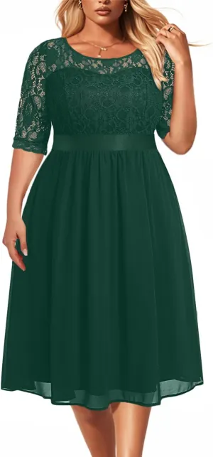 Pinup Fashion Plus Size Lace Chiffon Wedding Guest Dresses Women Cocktail Party Midi Dress