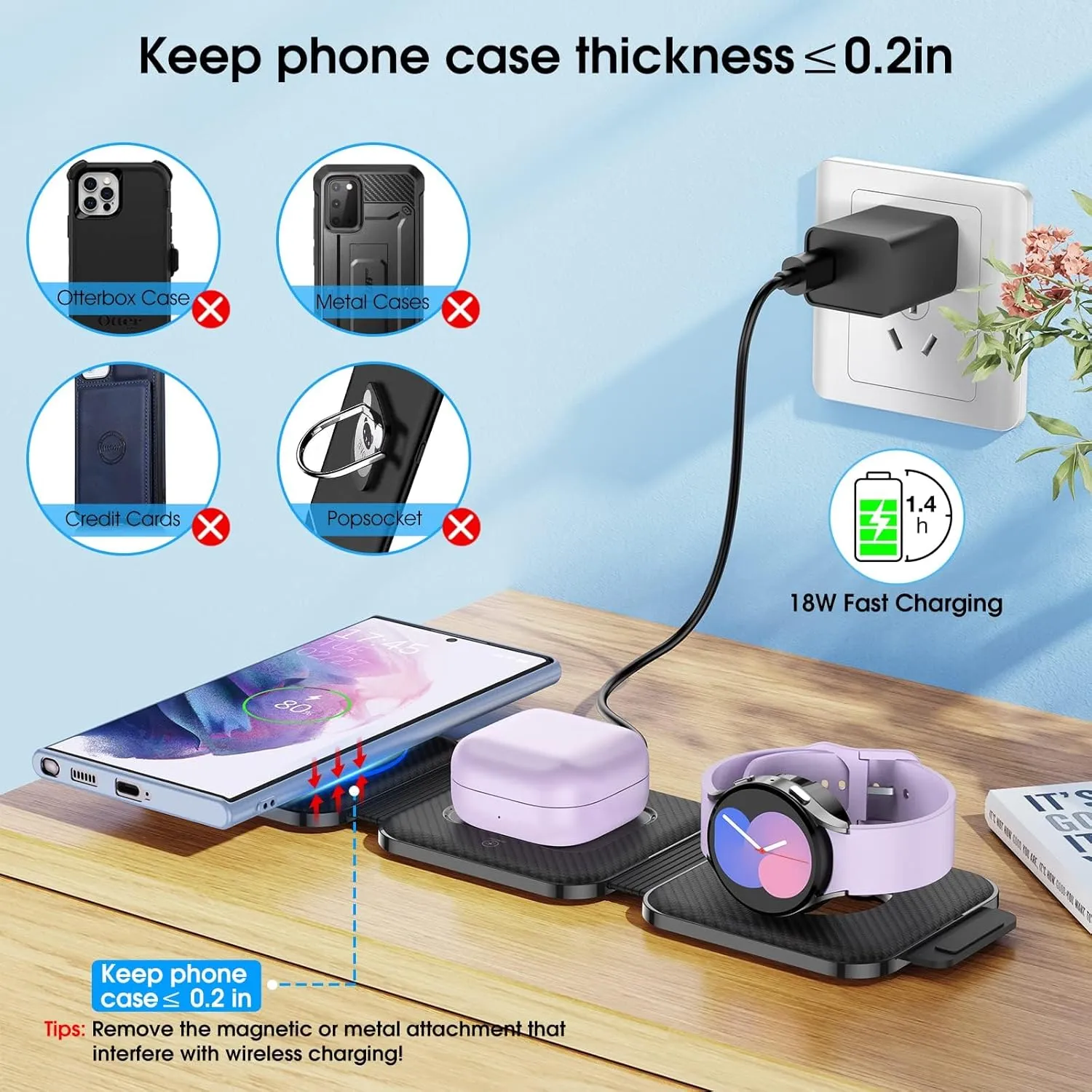 Pocket Wireless Charger for Samsung Android Phone, Foldable Travel Wireless Charging Station Stand Compatible for Samsung Galaxy Watch 7/Buds Pro 3/for Samsung S24/S23 Ultra/S22/Z Flip 6/5(Dark)