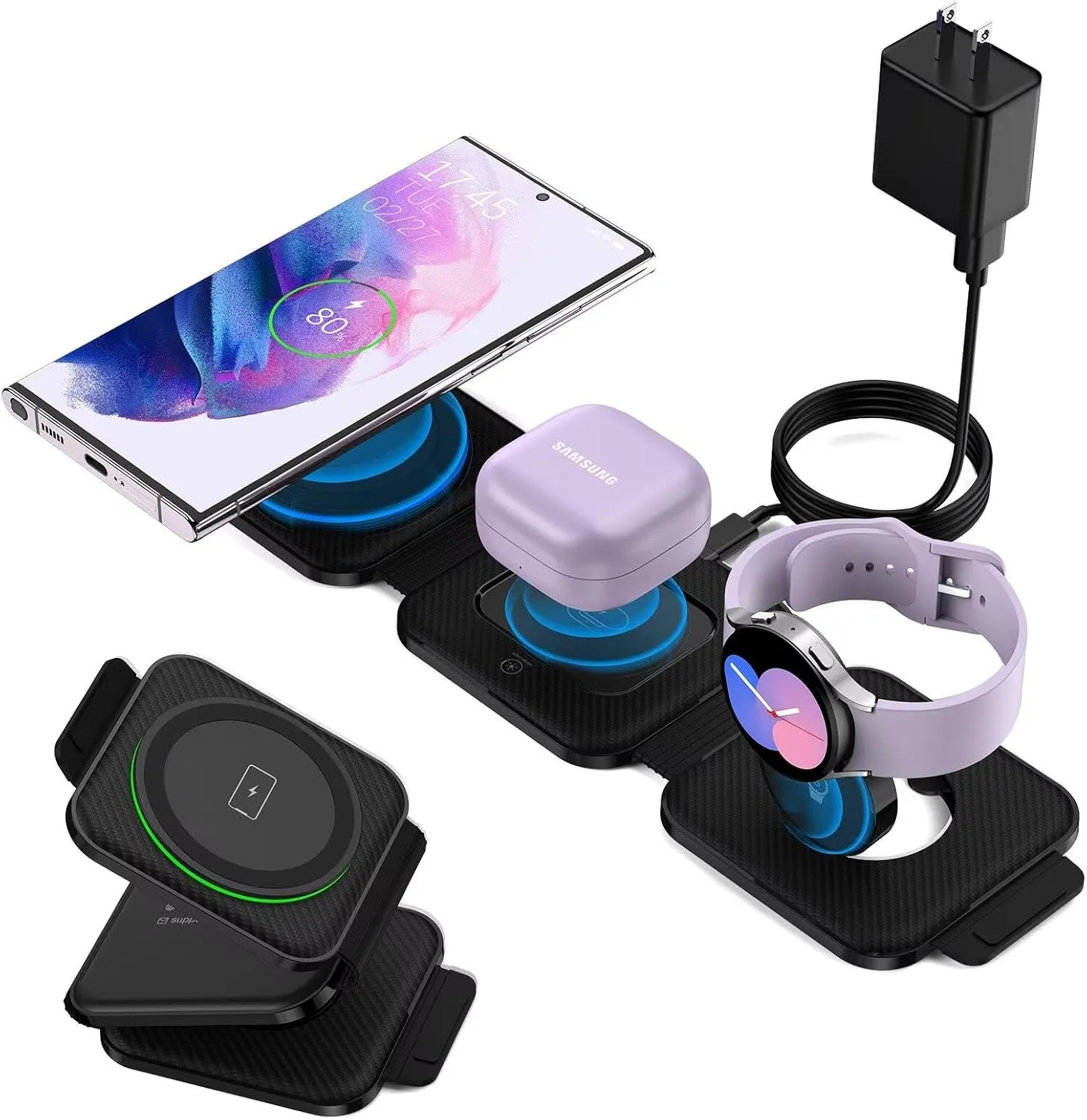 Pocket Wireless Charger for Samsung Android Phone, Foldable Travel Wireless Charging Station Stand Compatible for Samsung Galaxy Watch 7/Buds Pro 3/for Samsung S24/S23 Ultra/S22/Z Flip 6/5(Dark)