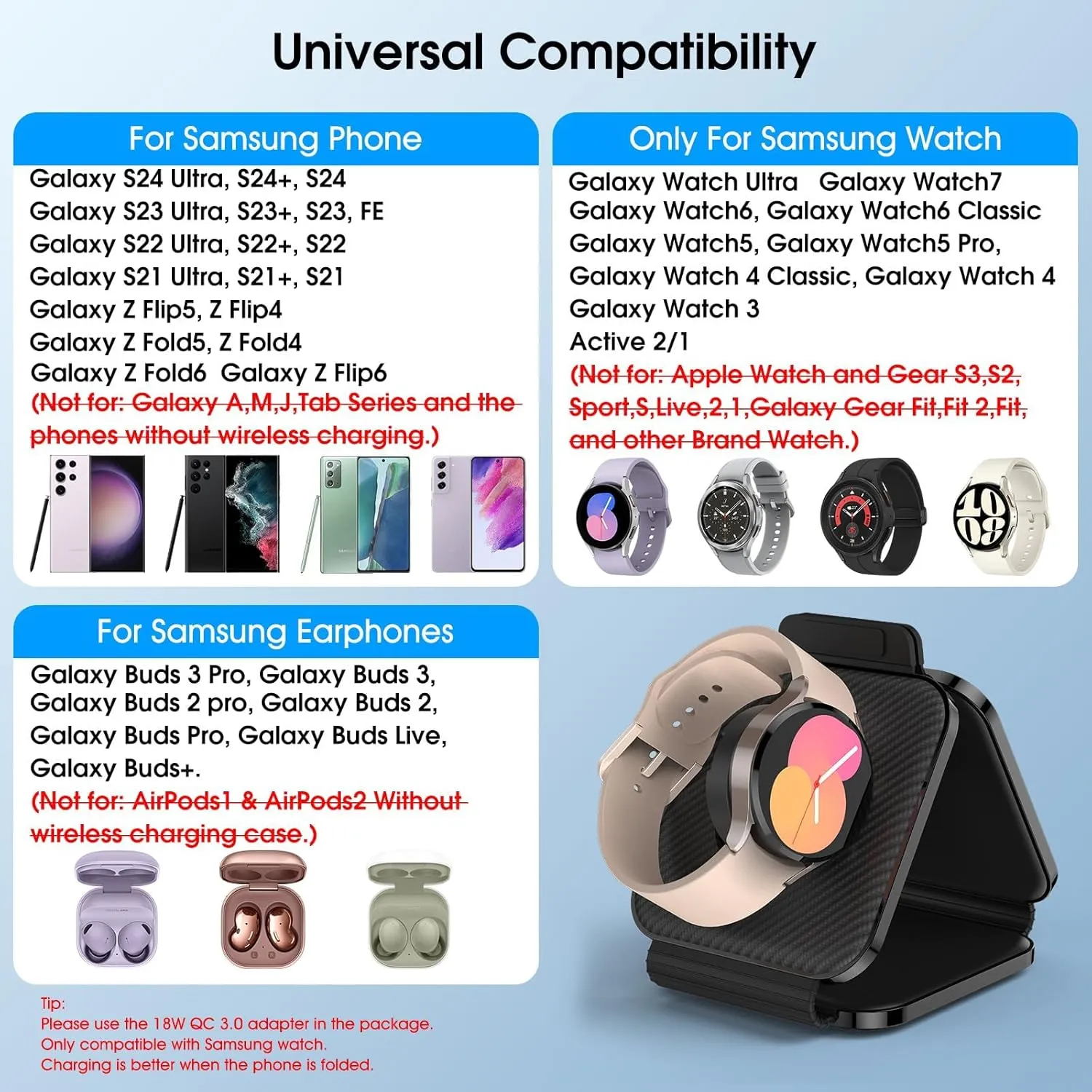 Pocket Wireless Charger for Samsung Android Phone, Foldable Travel Wireless Charging Station Stand Compatible for Samsung Galaxy Watch 7/Buds Pro 3/for Samsung S24/S23 Ultra/S22/Z Flip 6/5(Dark)