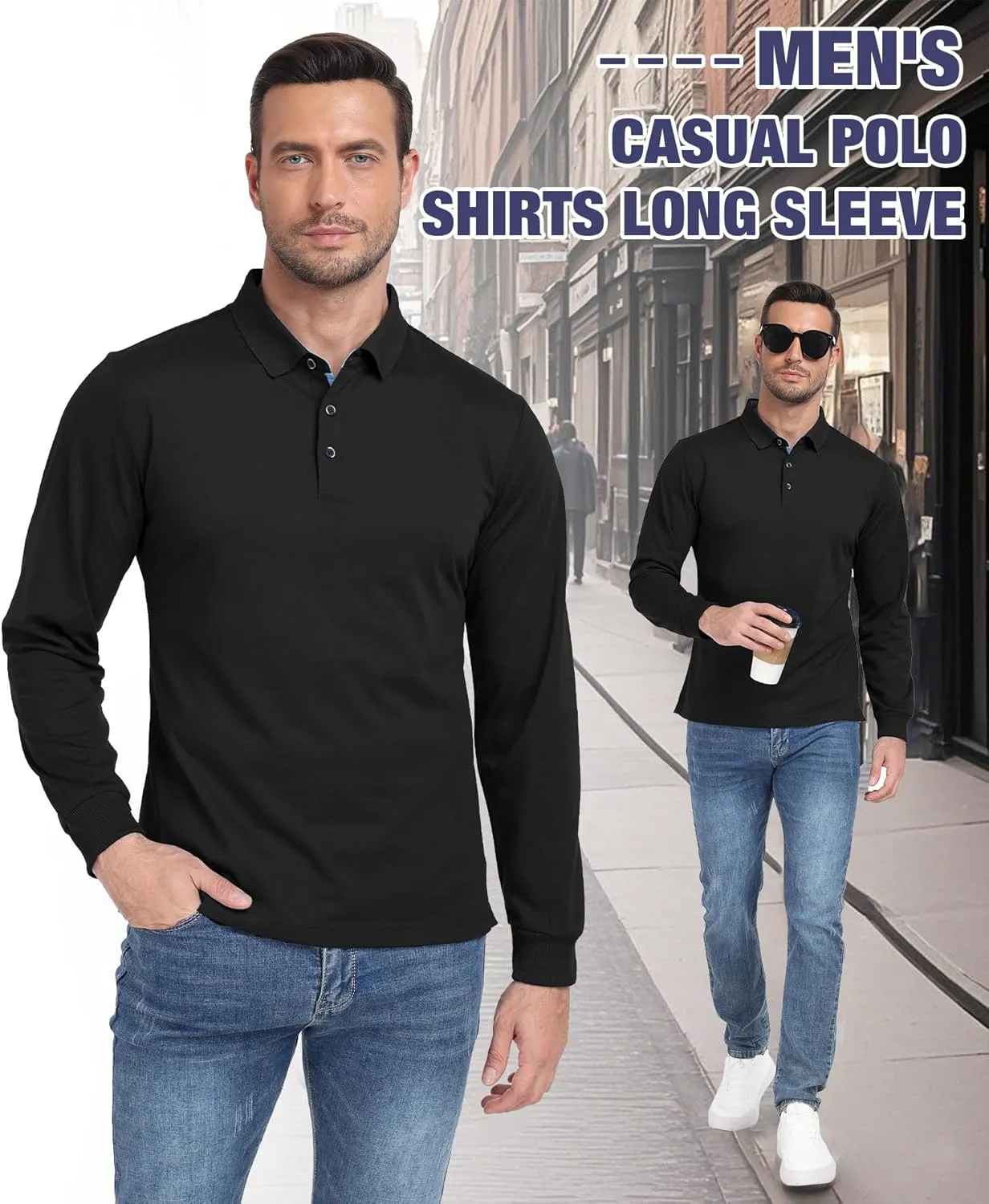 Polo Shirts for Men Long Sleeve Moisture Wicking Golf Polos Casual Travel Performance Collar Shirts