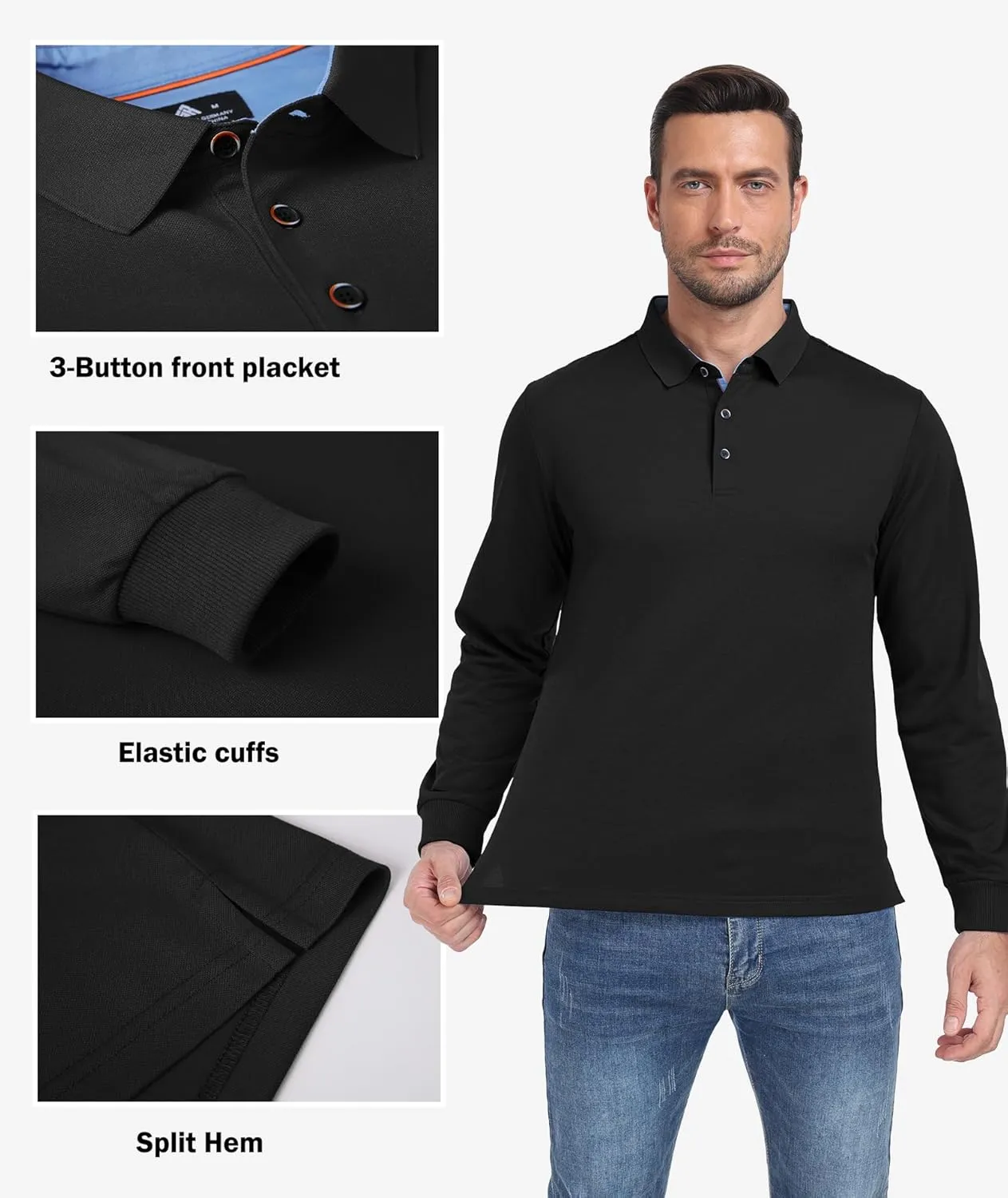 Polo Shirts for Men Long Sleeve Moisture Wicking Golf Polos Casual Travel Performance Collar Shirts
