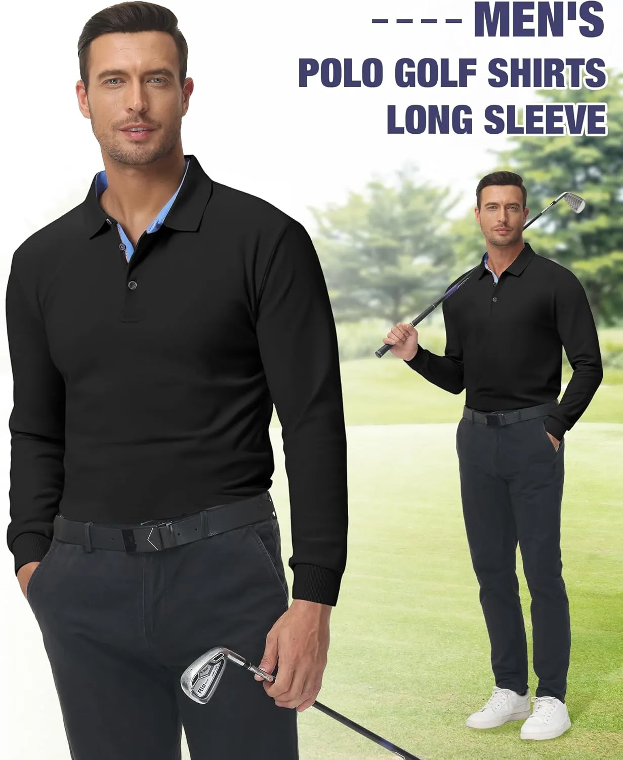 Polo Shirts for Men Long Sleeve Moisture Wicking Golf Polos Casual Travel Performance Collar Shirts