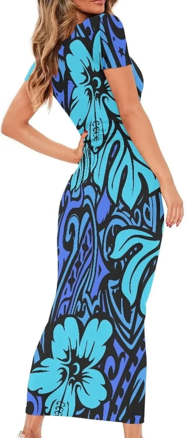 Polynesian Tribal Maxi Dresses for Women Slim Bodycon Casual Dresses Samoan Puletasi Evening Party Dress