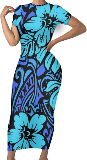 Polynesian Tribal Maxi Dresses for Women Slim Bodycon Casual Dresses Samoan Puletasi Evening Party Dress