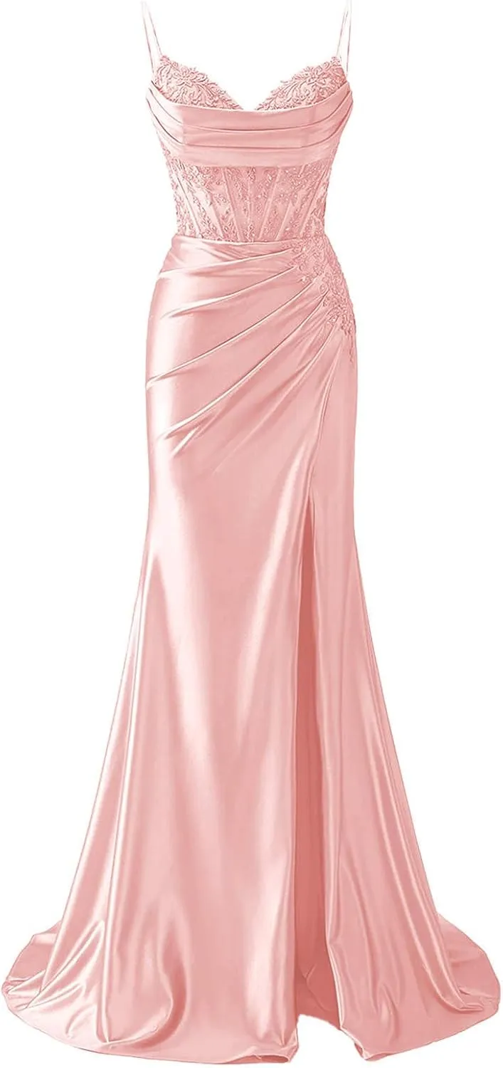 POMUYOO Mermaid Satin Prom Dresses for Women 2025 Long Lace Applique Corset Formal Evening Gown