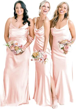 POMUYOO Satin Bridesmaid Dresses for Women Long Spagheti Straps Cowl Neck Formal Evening Gown with Slit