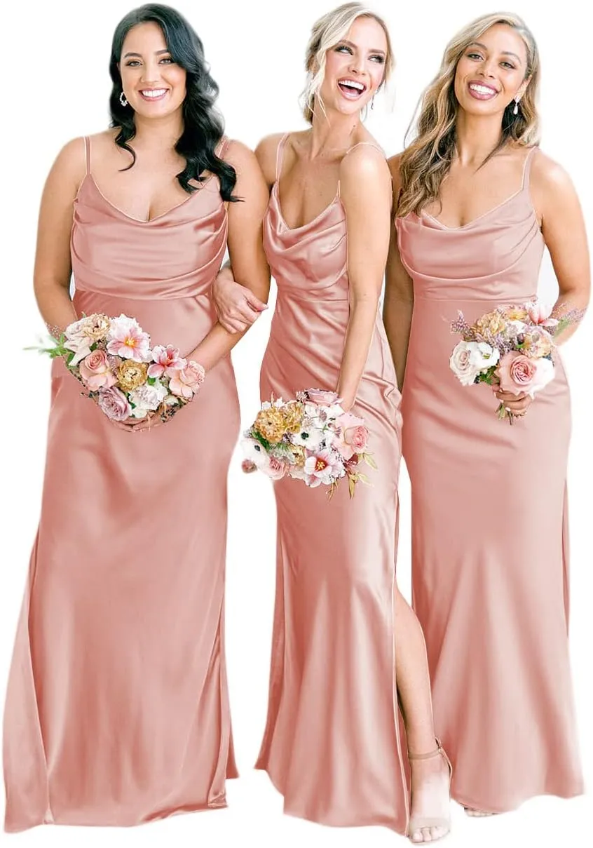 POMUYOO Satin Bridesmaid Dresses for Women Long Spagheti Straps Cowl Neck Formal Evening Gown with Slit