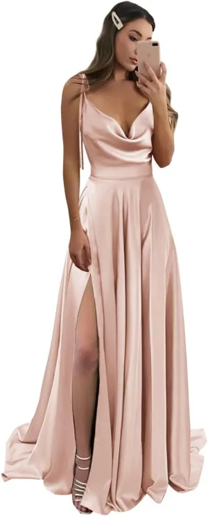 POMUYOO Spaghetti Straps Satin Bridesmaid Dresses for Women Cowl Neck Long A-Line Formal Gowns with Pockets