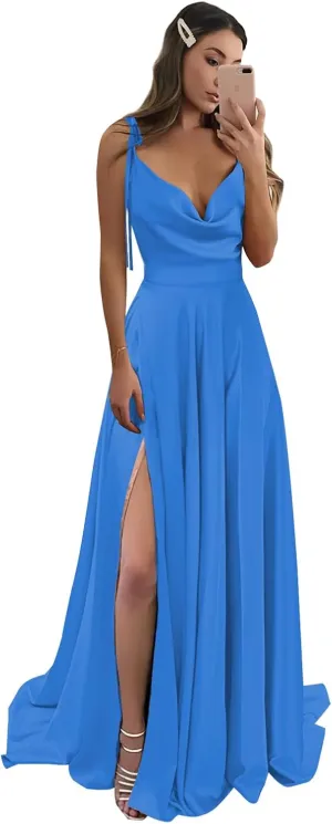 POMUYOO Spaghetti Straps Satin Bridesmaid Dresses for Women Cowl Neck Long A-Line Formal Gowns with Pockets