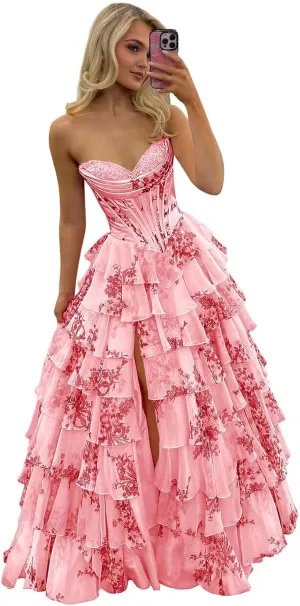 POMUYOO Tiered Floral Prom Dresses 2025 Long Ruffle Corset Chiffon Formal Evening Party Gowns