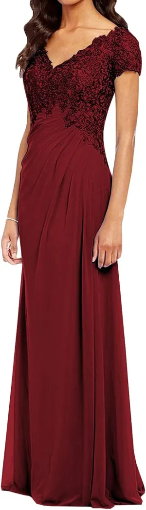 POMUYOO Women's V-Neck Lace Appliques Mother of The Bride Dress Beaded Chiffon Evening Gown with Sleeves YG107