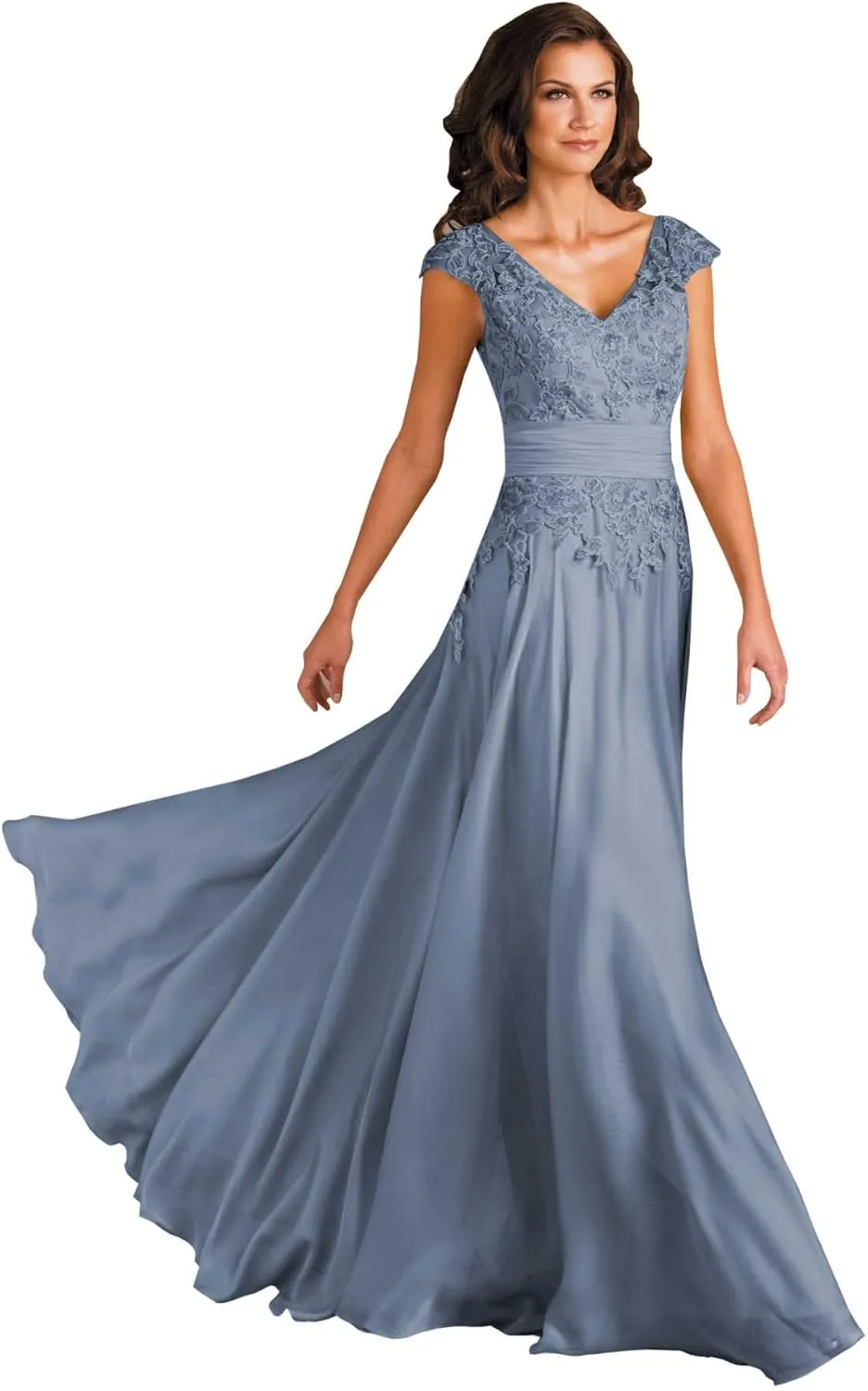 POMUYOO Women's V-Neck Mother of The Bride Dresses Long A-Line Lace Chiffon Formal Dress with Sleeves