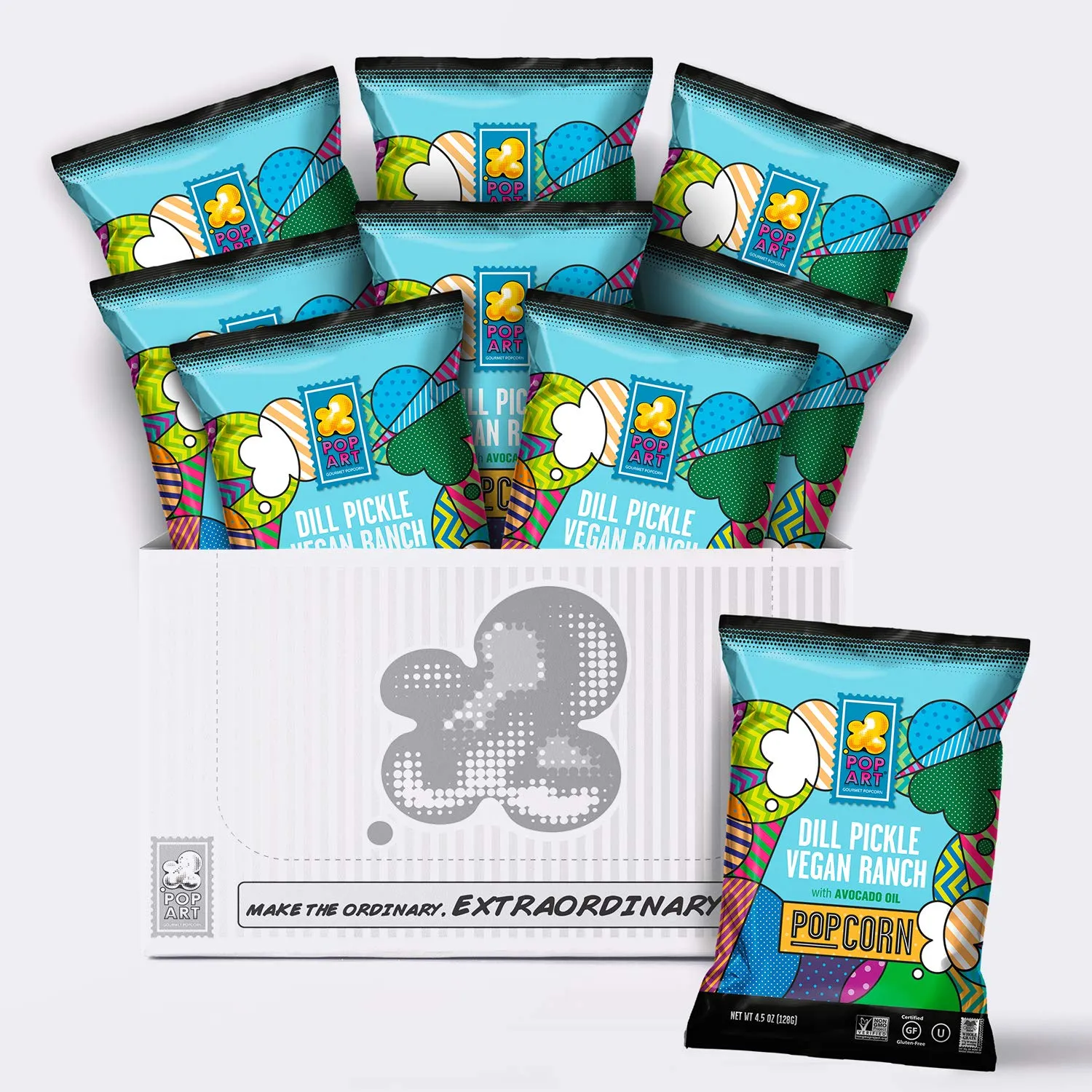 Pop Art Snacks Gourmet Popcorn - Dill Pickle Vegan Ranch with Avocado Oil - Gluten Free Vegan Popcorn - Flavored Snacks for Adults, Kids, Movie Night (9 Pack of 4.5 oz bags)