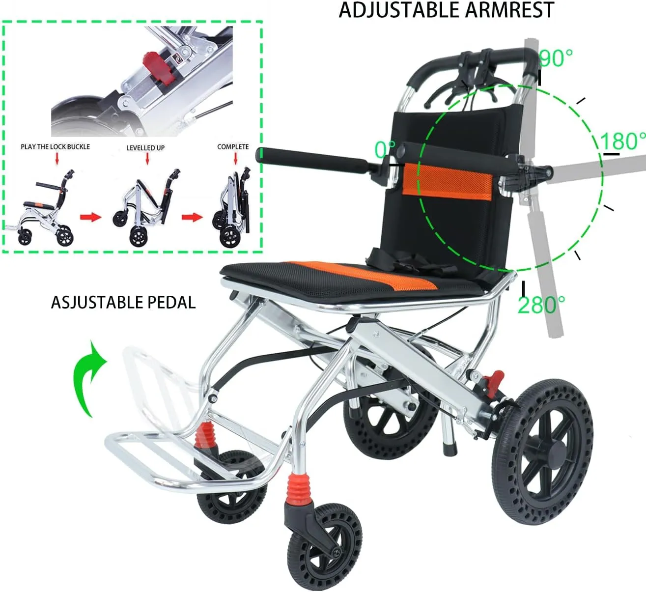 Portable Folding Wheelchair, Travel with handbrake, Ultra-Light Wheelchair for The Elderly and Children (with Bag) (12 inch PU Rear Wheel)