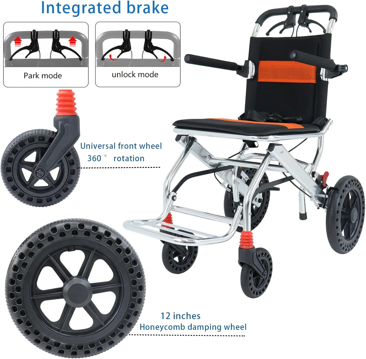 Portable Folding Wheelchair, Travel with handbrake, Ultra-Light Wheelchair for The Elderly and Children (with Bag) (12 inch PU Rear Wheel)