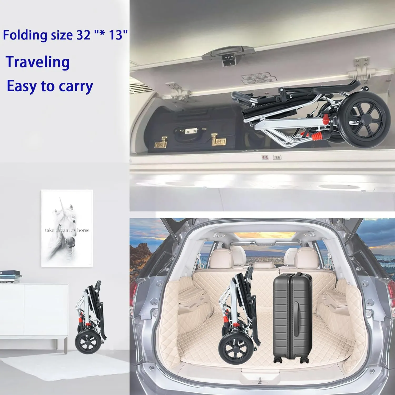 Portable Folding Wheelchair, Travel with handbrake, Ultra-Light Wheelchair for The Elderly and Children (with Bag) (12 inch PU Rear Wheel)