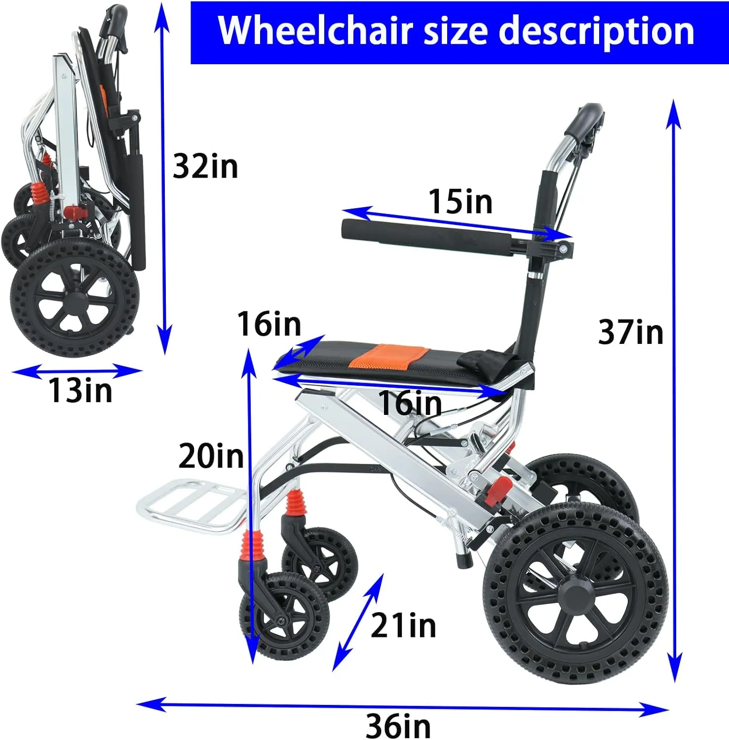 Portable Folding Wheelchair, Travel with handbrake, Ultra-Light Wheelchair for The Elderly and Children (with Bag) (12 inch PU Rear Wheel)