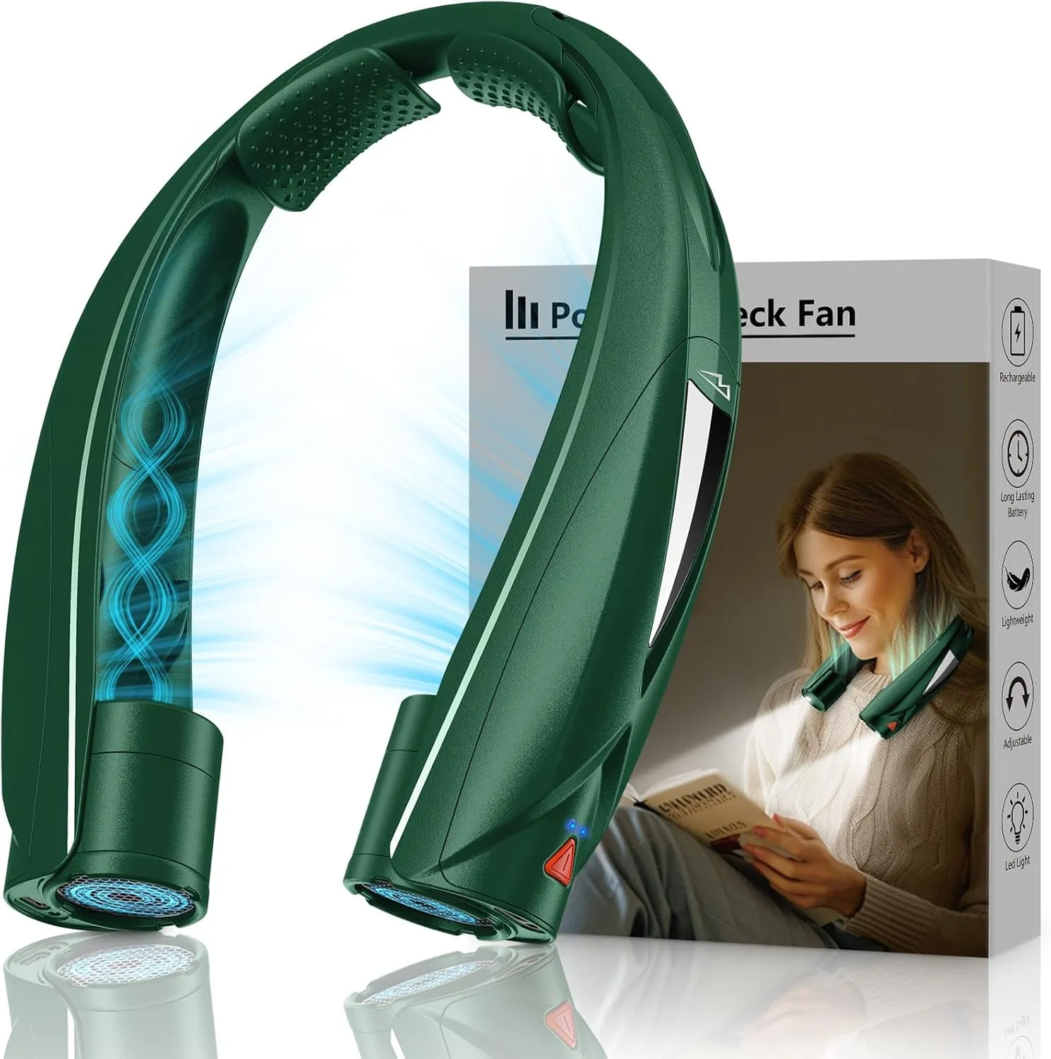 Portable Neck Fan - with LED Book Light, 6-20 Hrs Long Battery, 6-Speed Adjustable, USB-C Rechargeable, Ultra Quiet, Hands-Free Personal Cooling for Men Women Outdoor Indoor