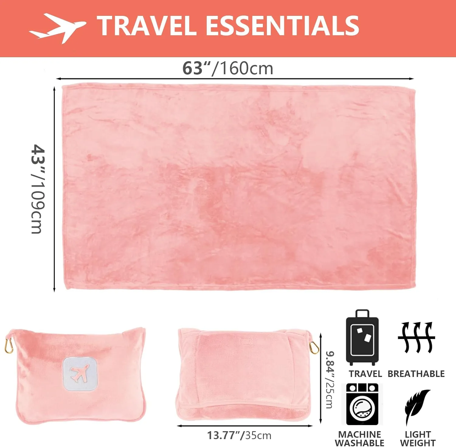 Portable Travel Blanket and Pillow - Premium Soft 2 in 1 Airplane Blanket with Compact Pack Soft Bag Pillowcase, Hand Luggage Sleeve and Backpack Clip (Pink)
