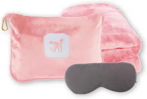 Portable Travel Blanket and Pillow - Premium Soft 2 in 1 Airplane Blanket with Compact Pack Soft Bag Pillowcase, Hand Luggage Sleeve and Backpack Clip (Pink)