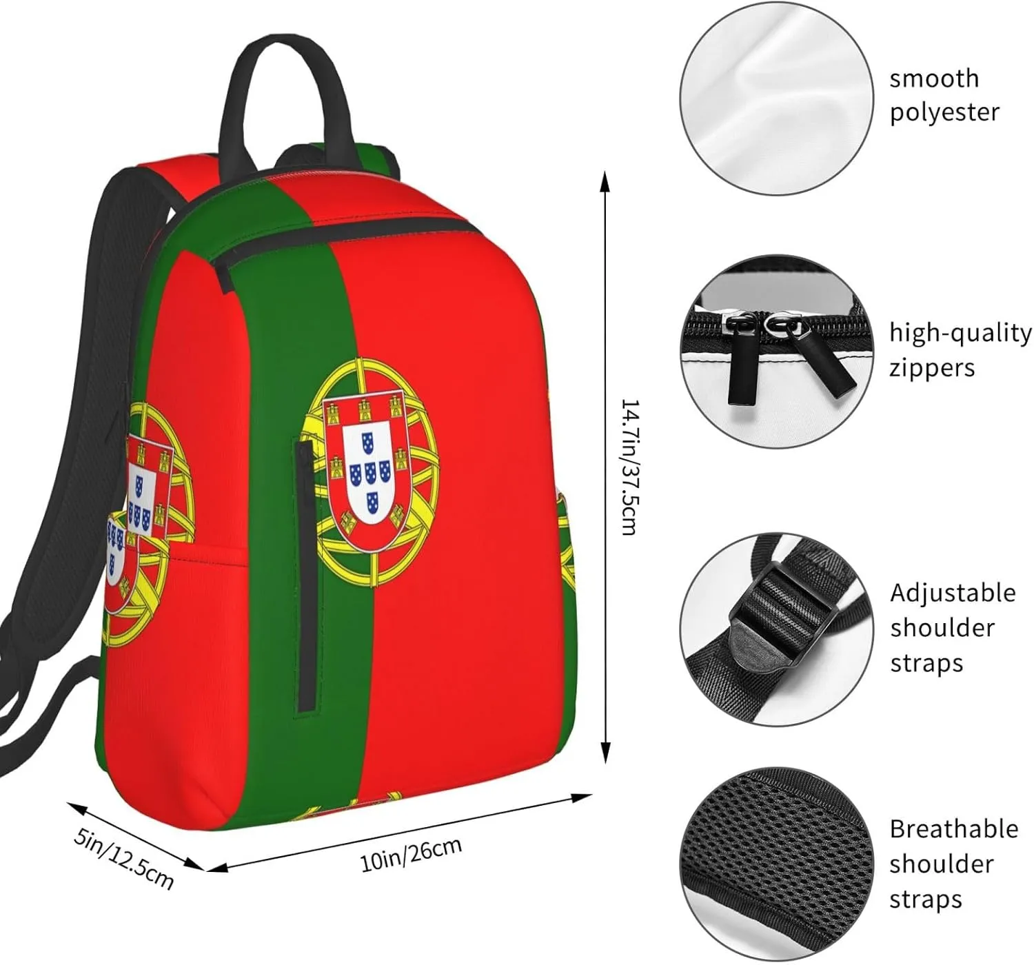 Portugal Portuguese Flag Casual Laptop Backpack Travel Rucksack Sports Daypack Adjustable Strap Bags with Multi-Pockets for Working Running Camping