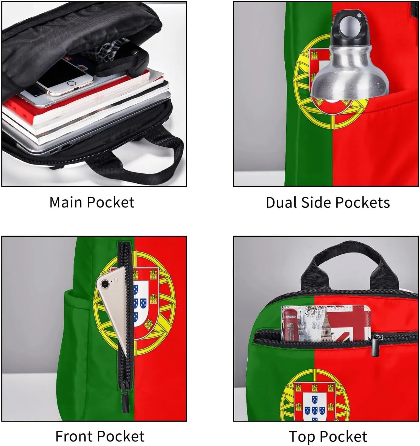 Portugal Portuguese Flag Casual Laptop Backpack Travel Rucksack Sports Daypack Adjustable Strap Bags with Multi-Pockets for Working Running Camping