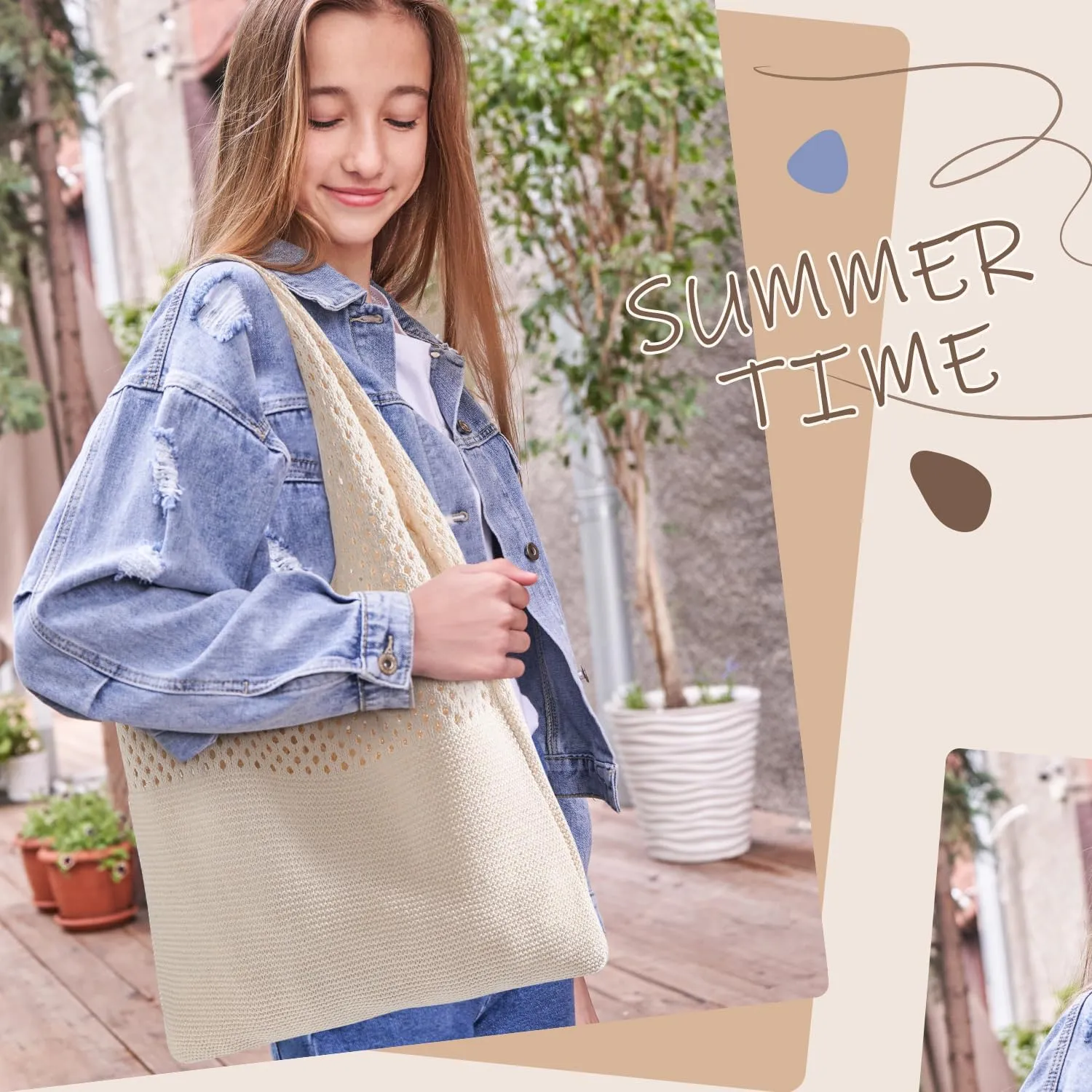 Premillow Crochet Beach Tote Bags, Stylish Mesh Beach Bags Shoulder Bag for Women, Cute Summer Vacation Boho Tote Bag