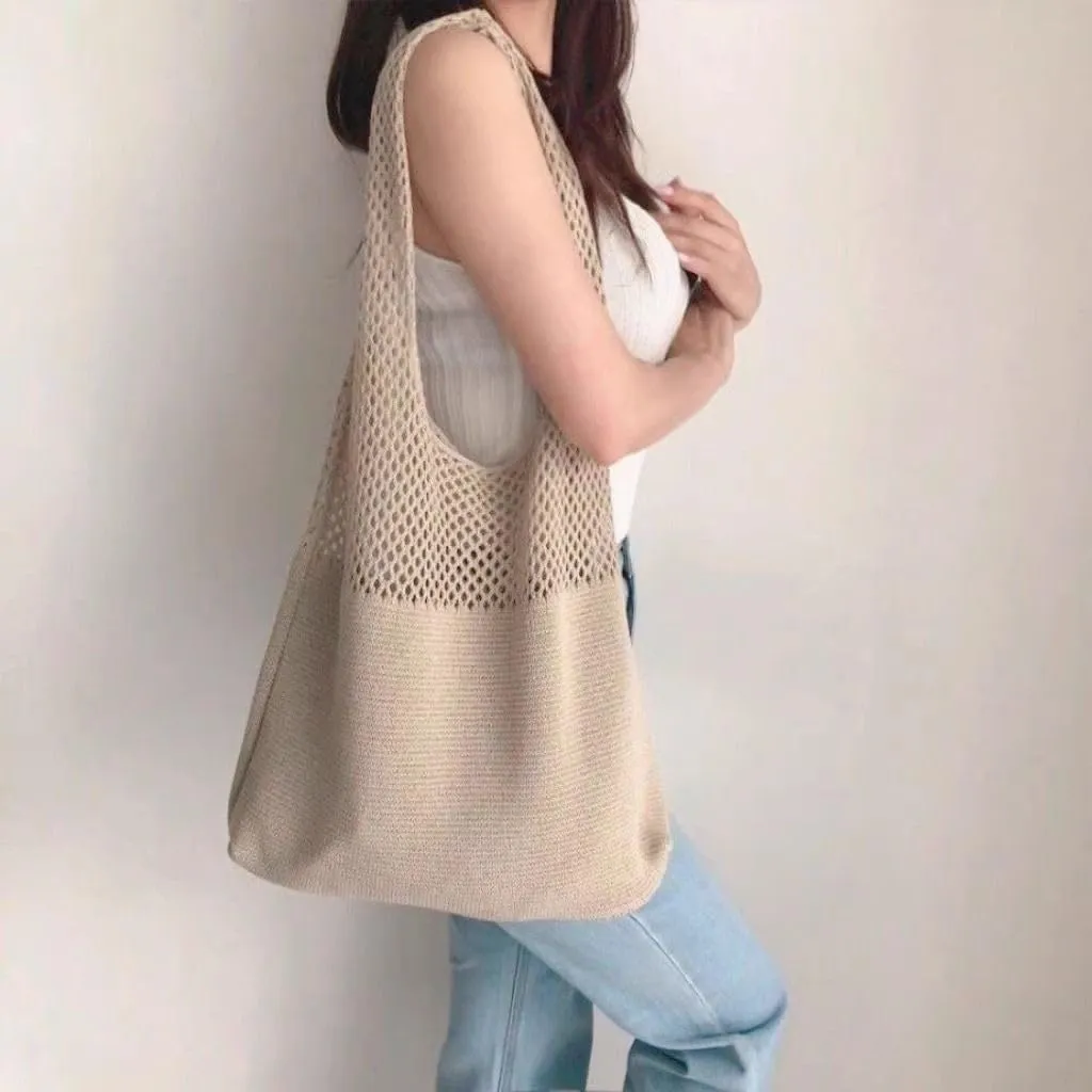 Premillow Crochet Beach Tote Bags, Stylish Mesh Beach Bags Shoulder Bag for Women, Cute Summer Vacation Boho Tote Bag