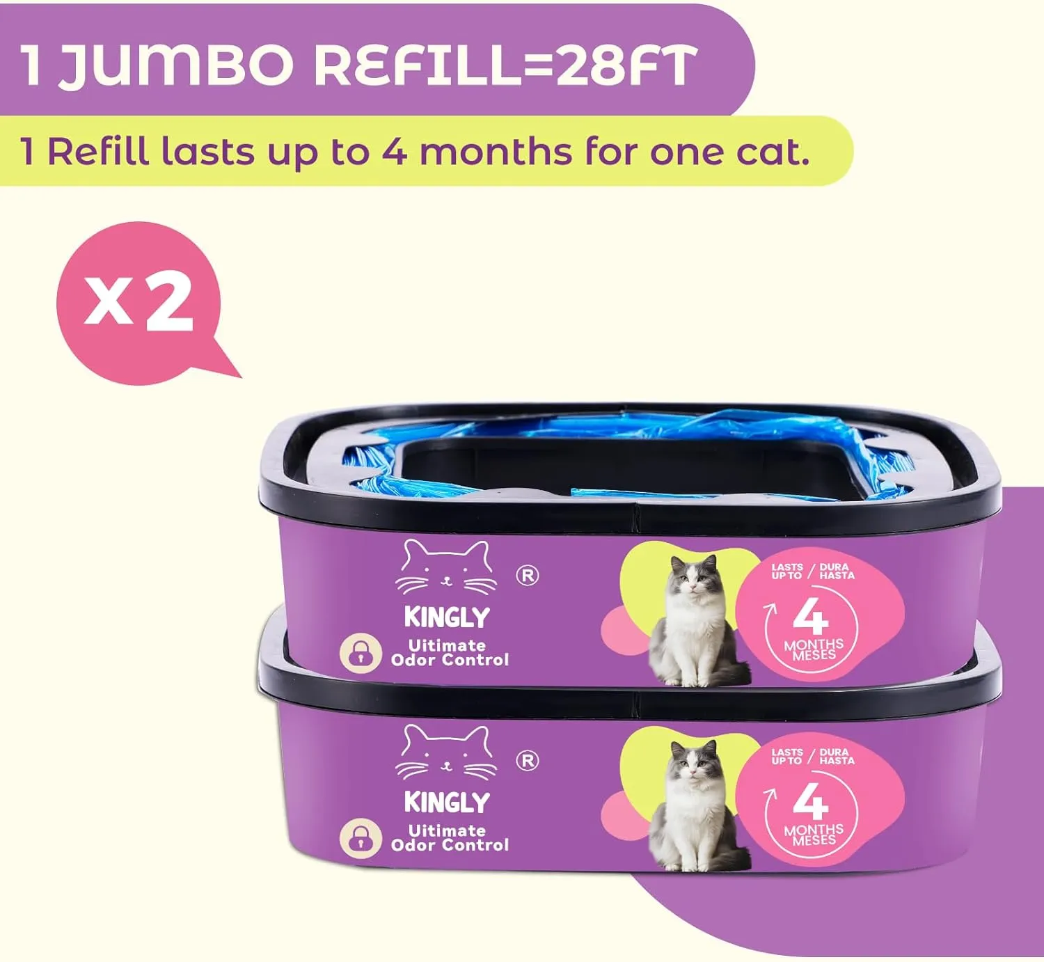 Premium Cat Litter Refill Bags |Jumbo 28FT 2-Pack | Lasts Up to 8 Months | 2 Cartridges for Superior Odor Control