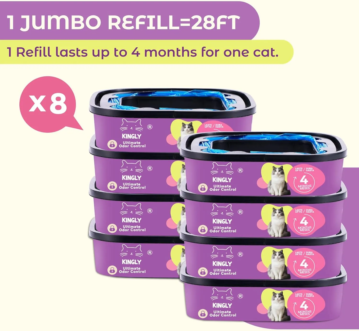 Premium Cat Litter Refill Bags |Jumbo 28FT 8-Pack | Lasts Up to 32 Months | 8 Cartridges for Superior Odor Control