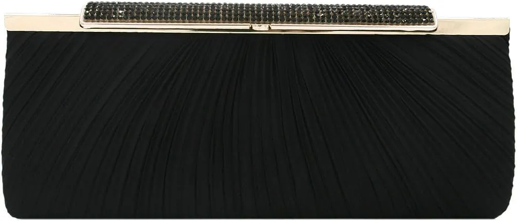 Premium Crystal Top Pleated Satin Hard Frame Clutch Evening Bag