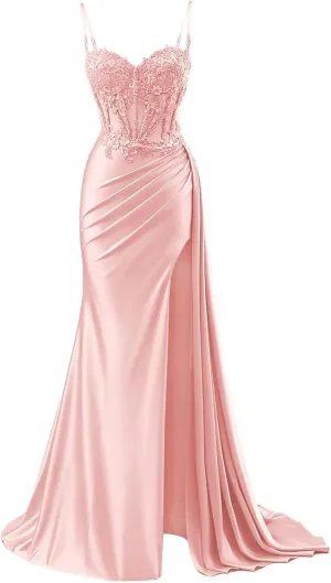 Prom Dresses 2025 for Women Corset Mermaid Spaghetti Strap Lace Applique Satin Evening Formal Ball Gown with Slit