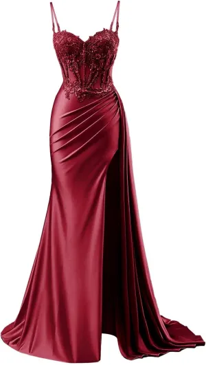 Prom Dresses 2025 for Women Corset Mermaid Spaghetti Strap Lace Applique Satin Evening Formal Ball Gown with Slit