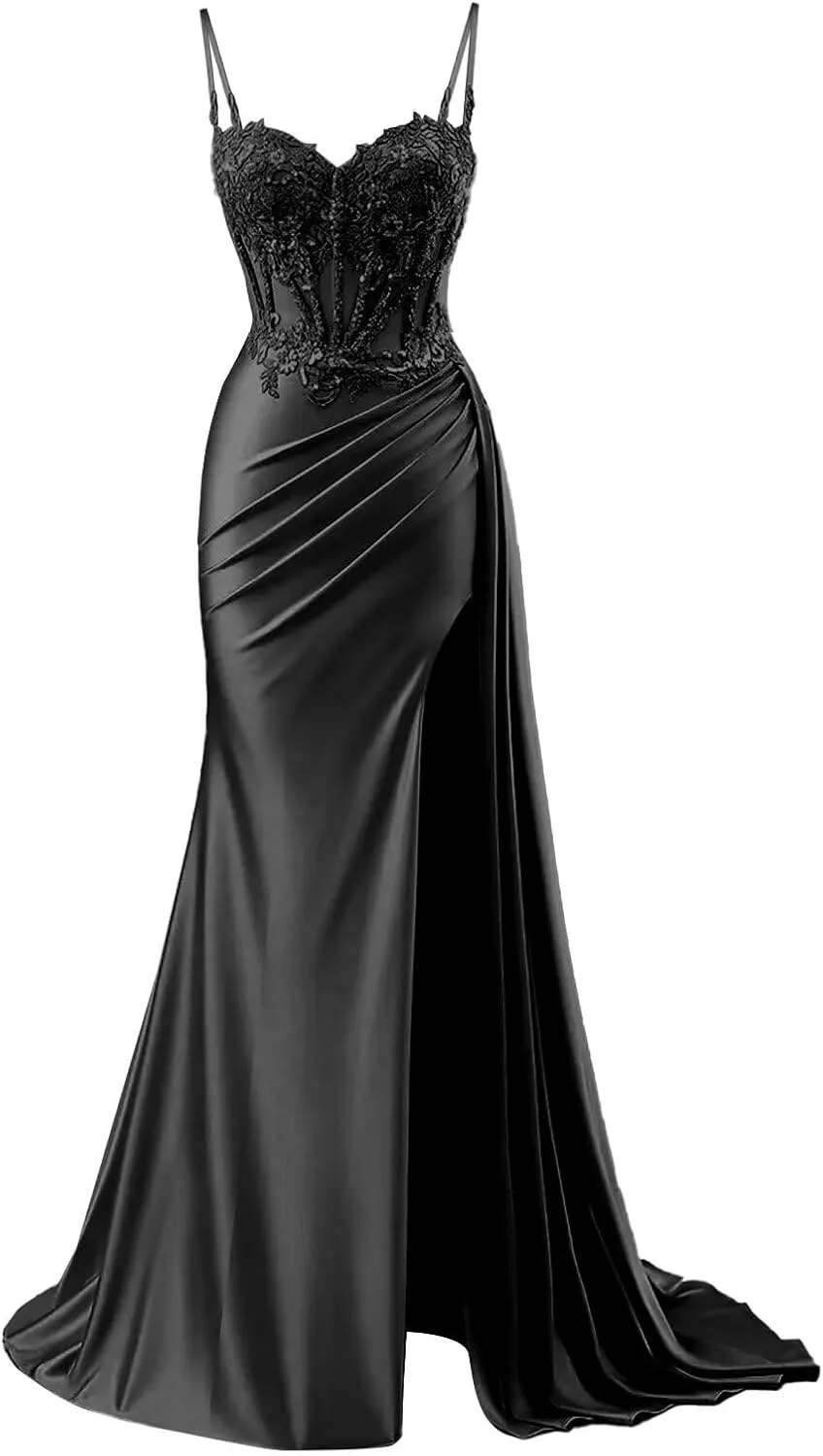 Prom Dresses 2025 for Women Corset Mermaid Spaghetti Strap Lace Applique Satin Evening Formal Ball Gown with Slit