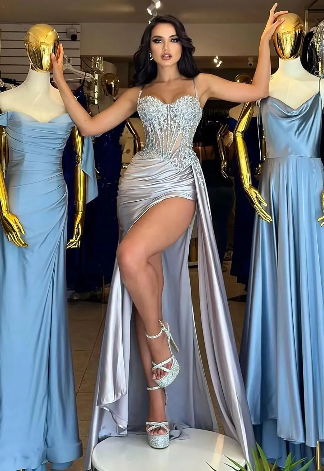 Prom Dresses 2025 for Women Corset Mermaid Spaghetti Strap Lace Applique Satin Evening Formal Ball Gown with Slit