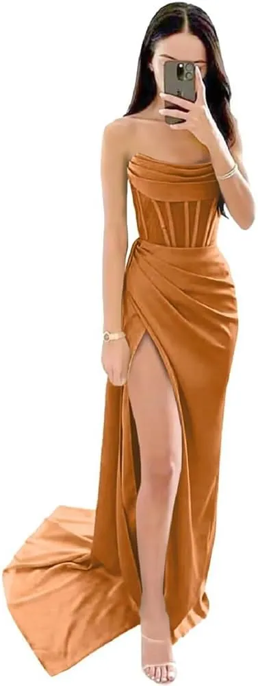 Prom Dresses for Women 2024 Satin Mermaid Ball Gowns for Women Formal with Side Slit